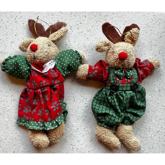 Handmade Christmas Reindeer Ornaments Set Of 2 With Festive Outfits & Red Noses - Picture 1 of 6